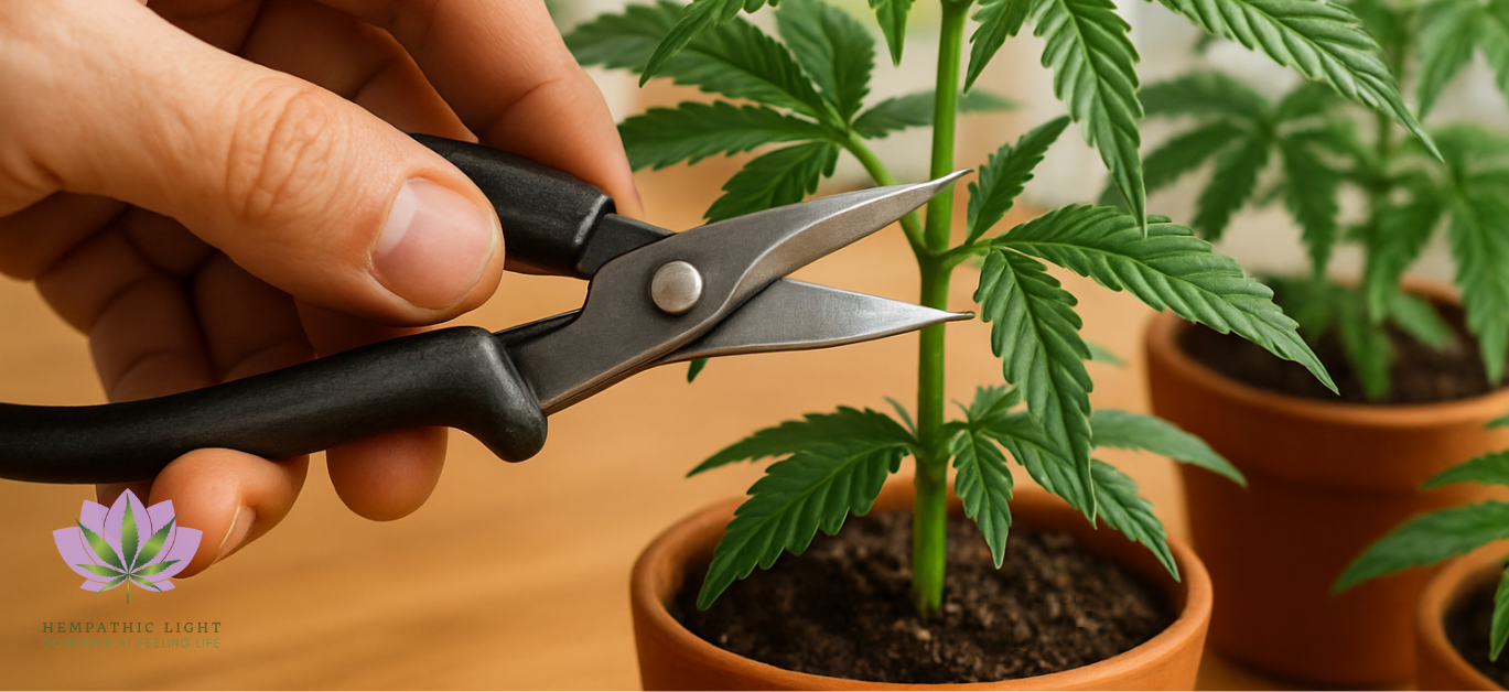 Uma mão masculina a executar a poda de uma planta canábis envasada 